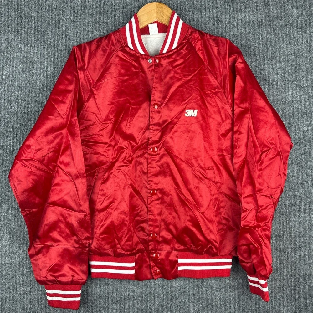 Vintage 3M Varsity Jacket Red Nylon Medium 80s 90s Striped Bomber Red